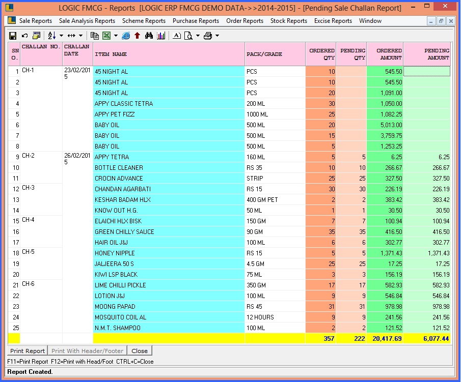 fmcg pending sale challan report